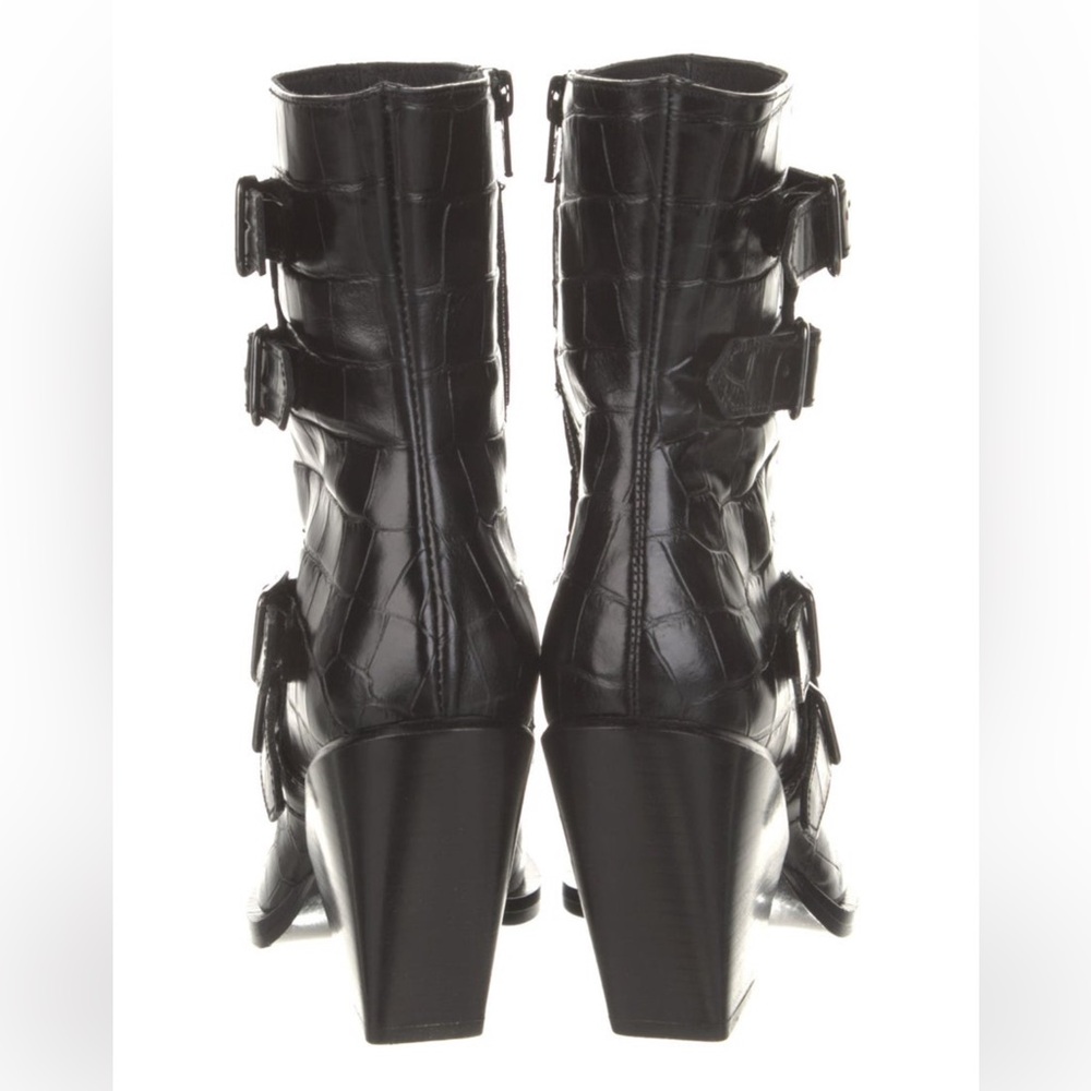 Pinko Lucciola Black Leather Croc Print Moto Boots - Picture 5 of 11